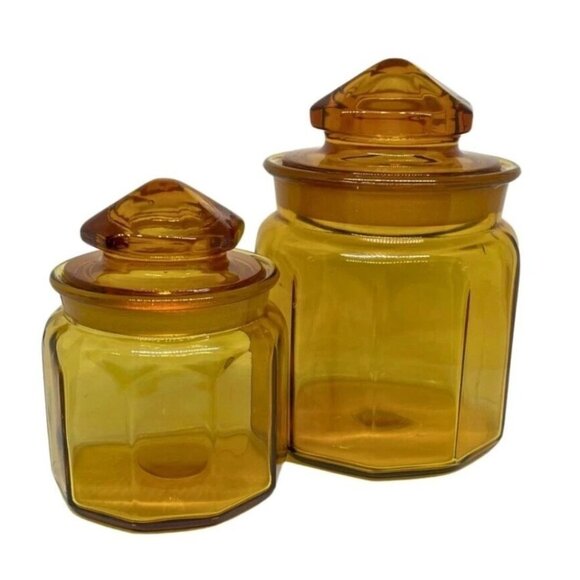 Vtg LE Smith 10 Panel Amber Glass Apothecary Lid Jar 5.25 & 7.25 Canister Set 2‎ - Picture 10 of 12